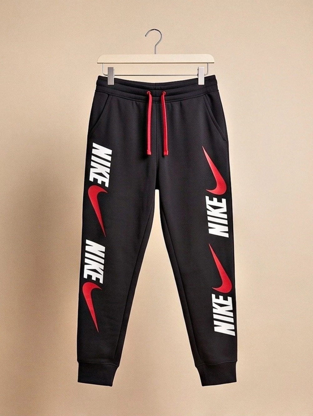Nike Club Fleece Stacked Logo-Print Cuffed Pants Cuffed Pants Black & Red